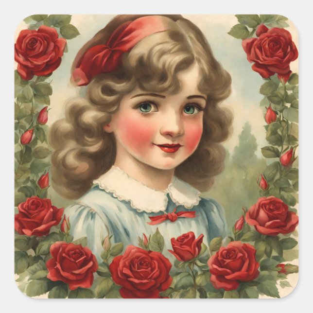Sticker Carré Petite fille vintage avec des roses (Devant)