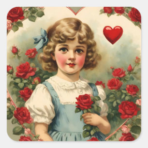 Sticker Carré Petite fille vintage dans le jardin de roses
