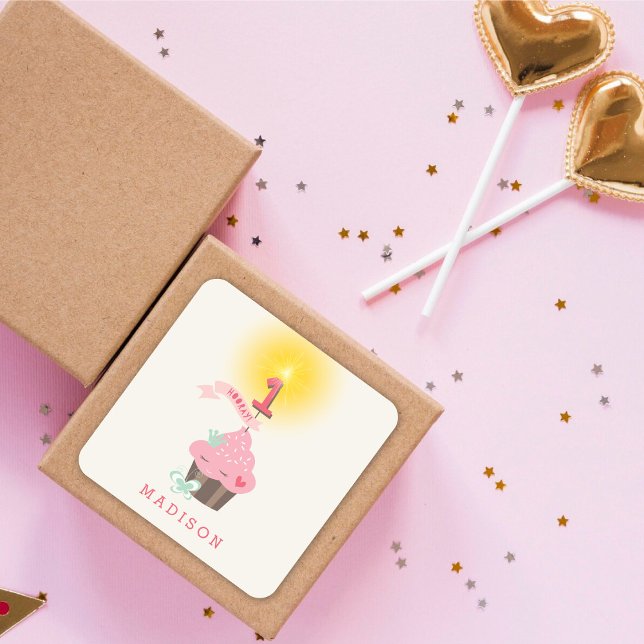 Sticker Carré Petite Miss Pink Cupcake Fille 1er anniversaire (Little Miss Pink Cupcake Girl's 1st Birthday Party Favor Square Sticker / Envelope Seal @ fat_fa_tin)