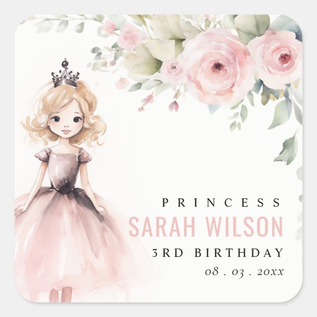 Sticker Carré Petite princesse rose Rose Floral Anniversaire (Devant)