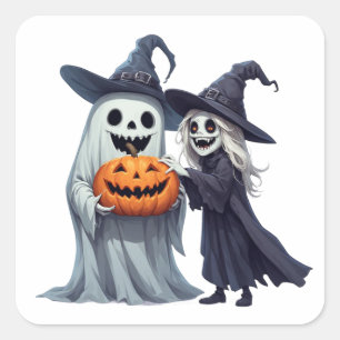 Sticker Carré Petite Sorcière Fantôme Citrouille Jack O Lantern 