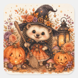 Sticker Carré Petite Sorcière Hérisson Halloween Balai Citrouill