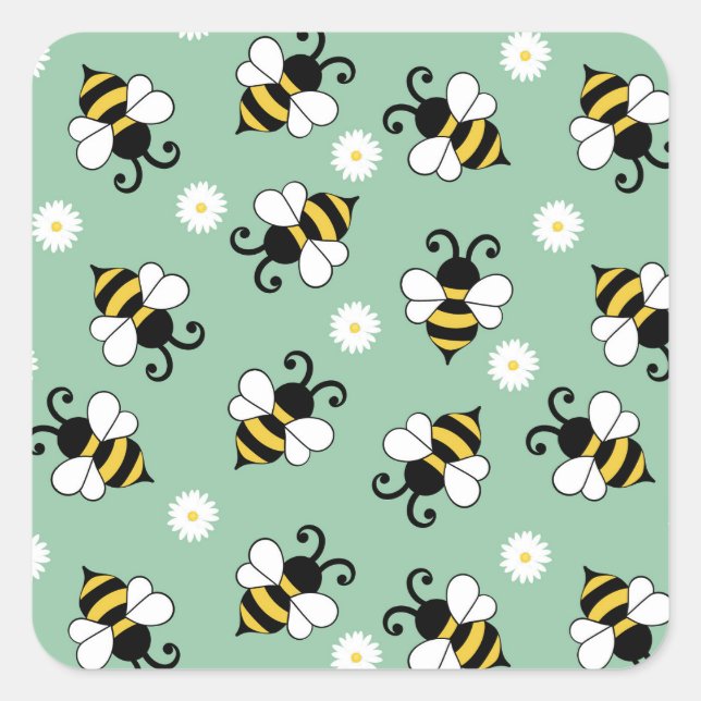 Sticker Carré Petites abeilles mignonnes et fleurs marguerites m (Devant)