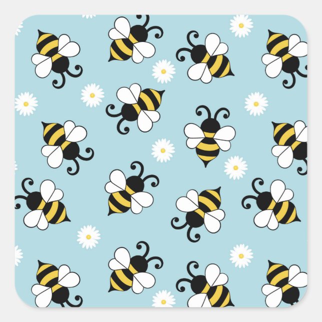 Sticker Carré Petites abeilles mignonnes et fleurs marguerites m (Devant)