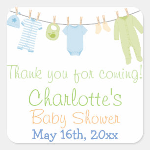 Sticker Carré Petits vêtements bleus et partie de baby shower