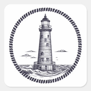 Sticker Carré Phare à la mer dans un cadre de corde ronde