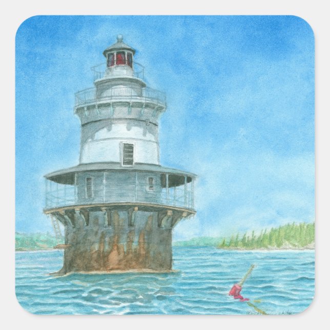 Sticker Carré Phare de Goose Rocks Aquarelle (Devant)