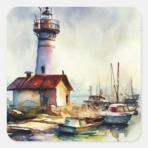 Sticker Carré Phare du Maine et bateaux Watercolor Art