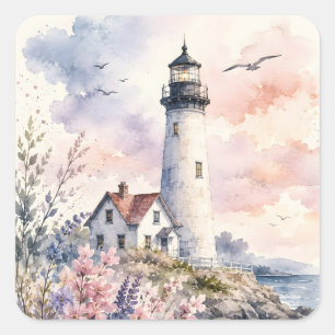 Sticker Carré Phare peint à l'aquarelle