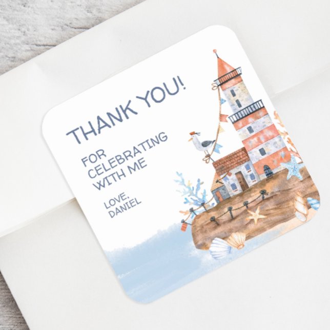 Sticker Carré Phare Personnalisé Nautique (Personalized nautical party thank you sticker)
