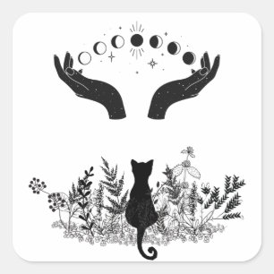 Sticker Carré Phases de lune céleste vintage Chat