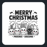 Sticker Carré Phoenix City Arizona Merry Christmas Cats USA<br><div class="desc">Phoenix City Arizona Merry Christmas Cats USA design. Pour les Amoureux de les chats et les amateurs de Phoenix City avaient l'habitude de visiter là surtout Noël. Reproduit par Phoenix City skyline avec chats et texte "Joyeux Noël", "Phoenix Arizona". Parfait pour vos amoureux, ceux-ci sont habitués à aller à Phoenix...</div>
