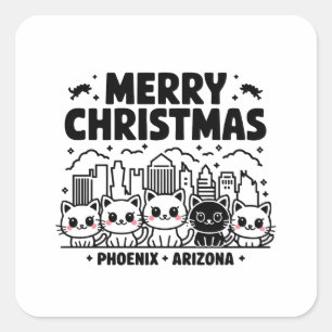 Sticker Carré Phoenix City Arizona Merry Christmas Cats USA