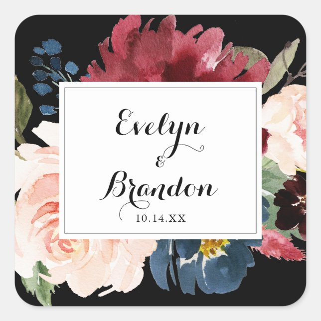 Sticker Carré Phoques d'enveloppe de Mariage botanique noir rust (Devant)