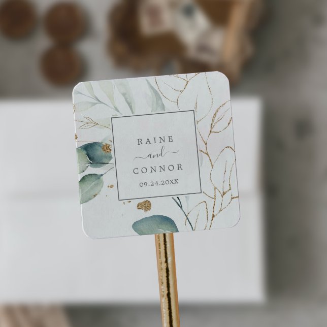 Sticker Carré Phoques d'enveloppes Mariages à feuilles d'or et v (Créateur téléchargé)