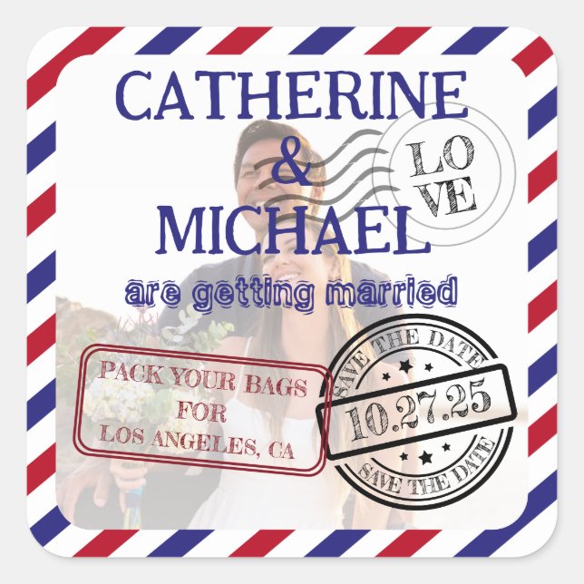 Sticker Carré Photo Airmail Enregistrer La Date Mariage (Devant)