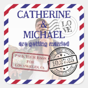 Sticker Carré Photo Airmail Enregistrer La Date Mariage