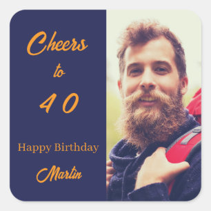 Sticker Carré Photo d'anniversaire bleu or acclamations hommes