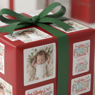 Sticker Carré Photo de bébé Premier Noël Rouge Personnaliser