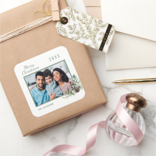 Sticker Carré Photo de famille de Noël pin blanc cône