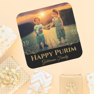Sticker Carré Photo de famille personnalisée Gold Happy Purim