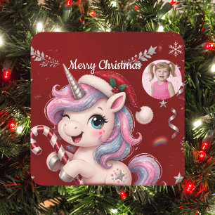 Sticker Carré Photo de fille licorne de Noël cramoisie mignonne