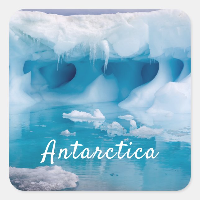 Sticker Carré Photo de l'iceberg Antarctique avec texte (Devant)