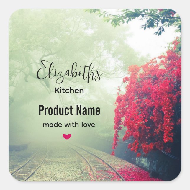 Sticker Carré Photo de Misty Train Tracks & Red Tree - Cuisine (Devant)