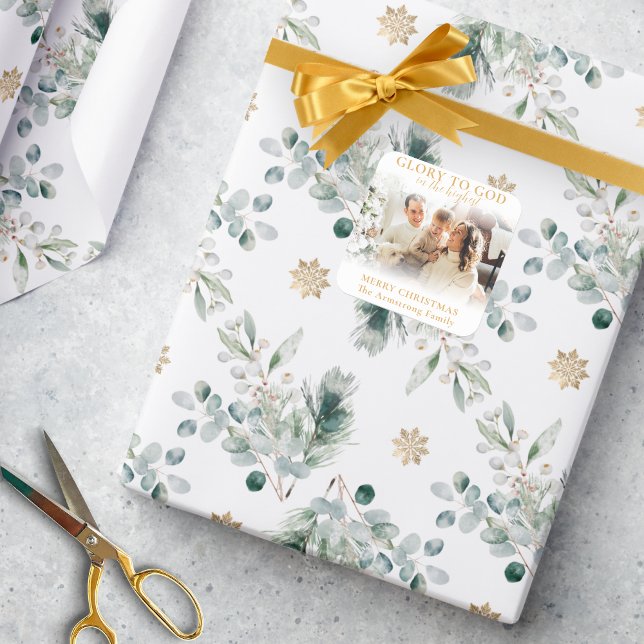 Sticker Carré Photo de Noël religieuse minimaliste moderne (Modern, minimalist, religious Christmas in gold and white with Glory to God Bible verse)