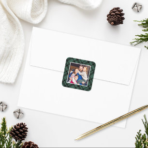 Sticker Carré Photo de Noël tartan plaid vert chasseur Merry Chr