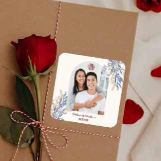 Sticker Carré Photo Élégant Fleurs Double Xi Mariage