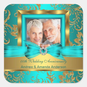 Sticker Carré Photo Fleur Teal Or 50e Anniversaire de Mariage Ca