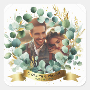 Sticker Carré PHOTO Mariage Merci Eucalyptus Feuille Cadeau