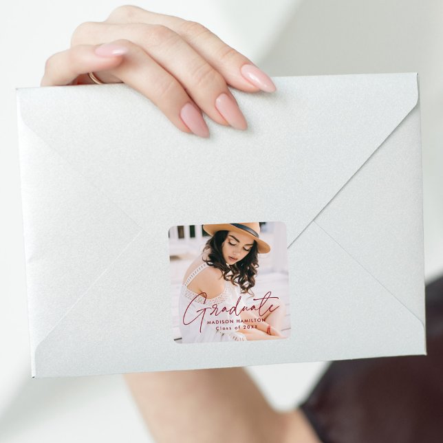 Sticker Carré Photo Moderne Burgundy Script Graduation (Créateur téléchargé)