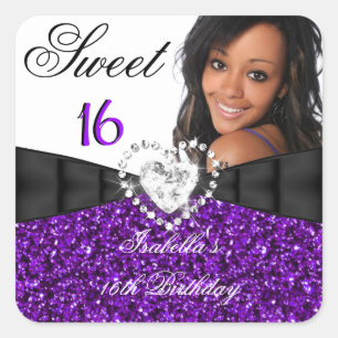 Sticker Carré Photo Pailleté Violet Argent Anniversaire 16 Ans S