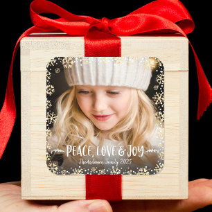 Sticker Carré Photo Peace Love Joy Elegant Gold Snowflake Custom