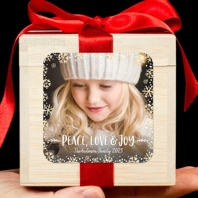 Sticker Carré Photo Peace Love Joy Elegant Gold Snowflake Custom (Créateur téléchargé)