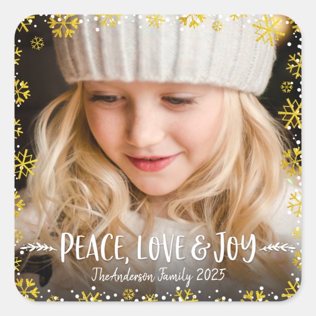 Sticker Carré Photo Peace Love Joy Gold Snowflake (Devant)