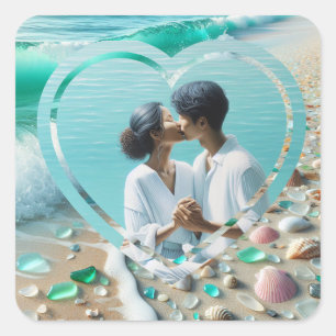 Sticker Carré Photo personnalisé Cœur Plage