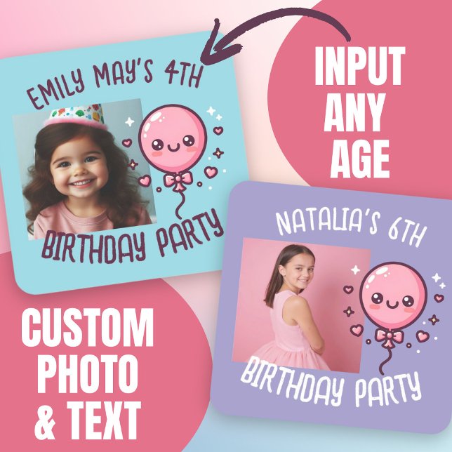 Sticker Carré Photo personnalisée Ajouter un nom mignon ballon d (Custom Photo Add Name Cute Birthday Balloon Square Sticker.)