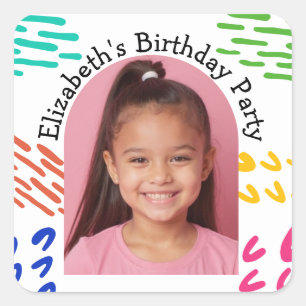 Sticker Carré Photo personnalisée Anniversaire de fête Doodles