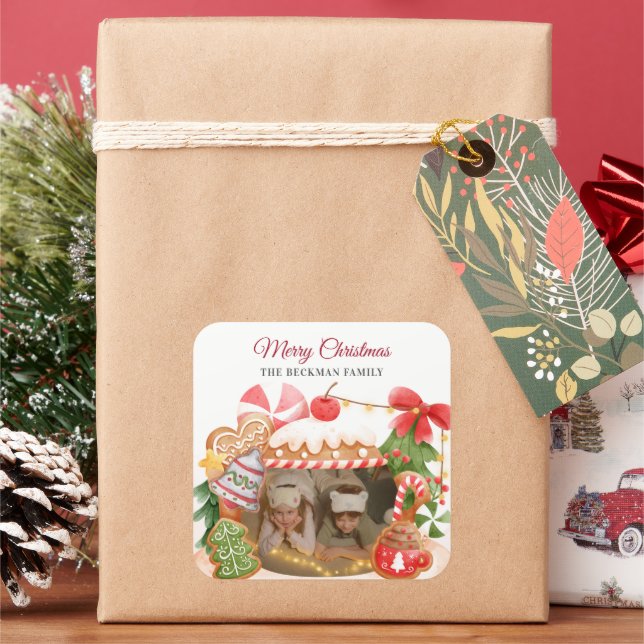 Sticker Carré Photo personnalisée Maison en pain d'épice Noël (vacances)