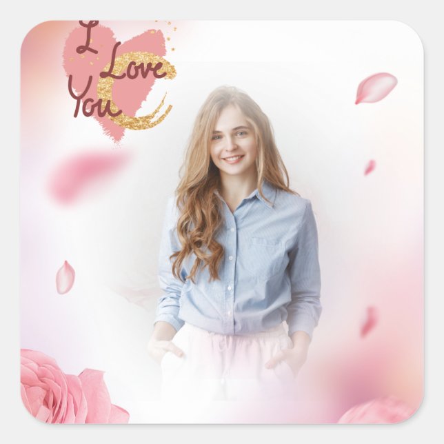 Sticker Carré Photo personnalisée - Rose Rose - Je t'aime (Devant)