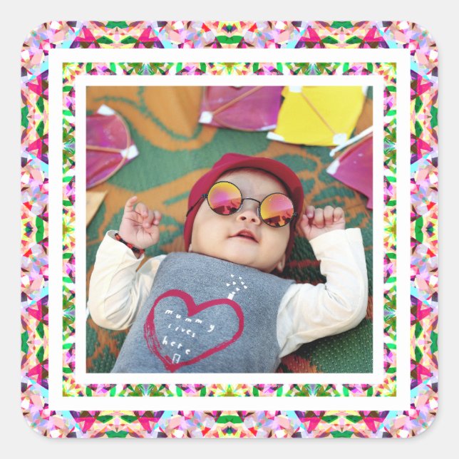 Sticker Carré Photo personnalisée Vibrant rose Happy Green Fête  (Devant)