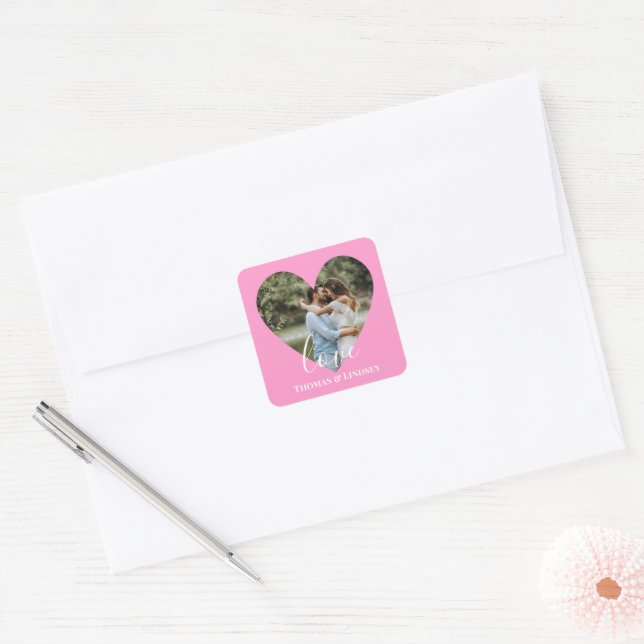 Sticker Carré Photo personnelle Heart Frame Modern Calligraphy (Enveloppe)