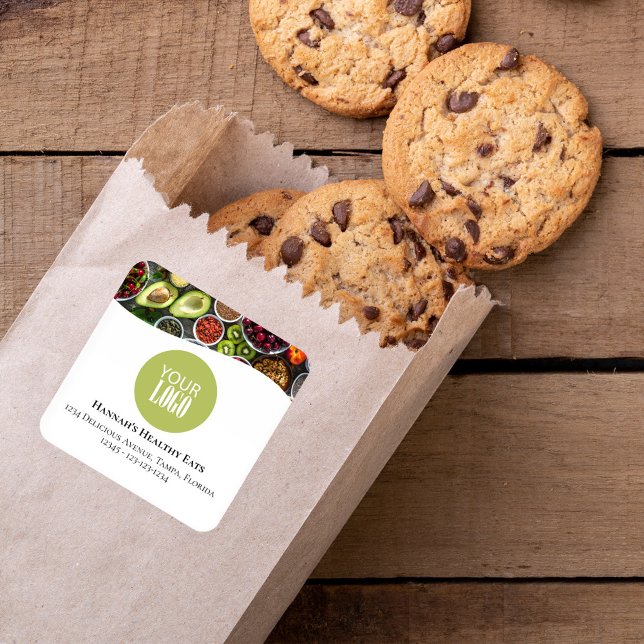 Sticker Carré Photo professionnelle ou logo promotionnel vert (Add your logo and photo to this simple packaging sticker. )