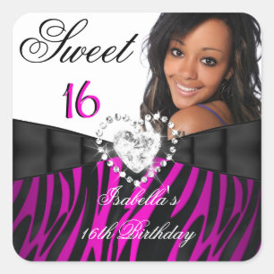 Sticker Carré Photo Zèbre Rose Argent Douze Ans Anniversaire Fêt