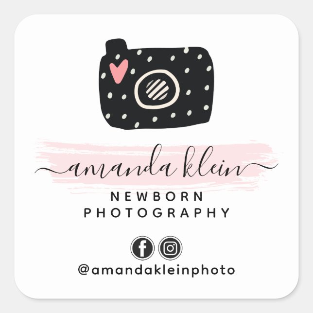 Sticker Carré Photographe Minimaliste Mignon Appareil Photo Noir (Devant)