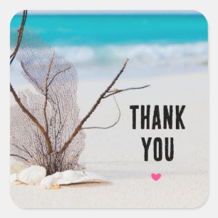 Sticker Carré Photographie de Coquillages sur un Merci de plage