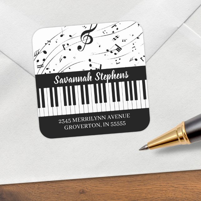 Sticker Carré Piano Keyboard Music Notes Adresse de retour perso (Créateur téléchargé)